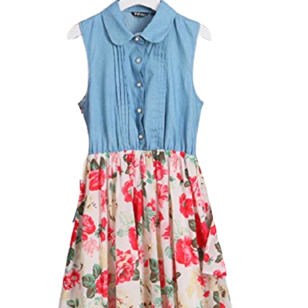 Popreal Sleeveless Chambray Top Floral Dress